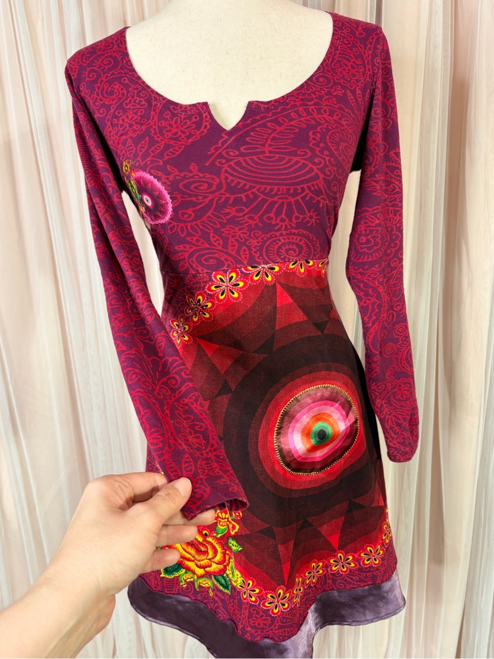 Desigual M Burgundy Patchwork Floral Rhinestone Long Sleeve Dress Y2K Boho - Picture 10 of 12